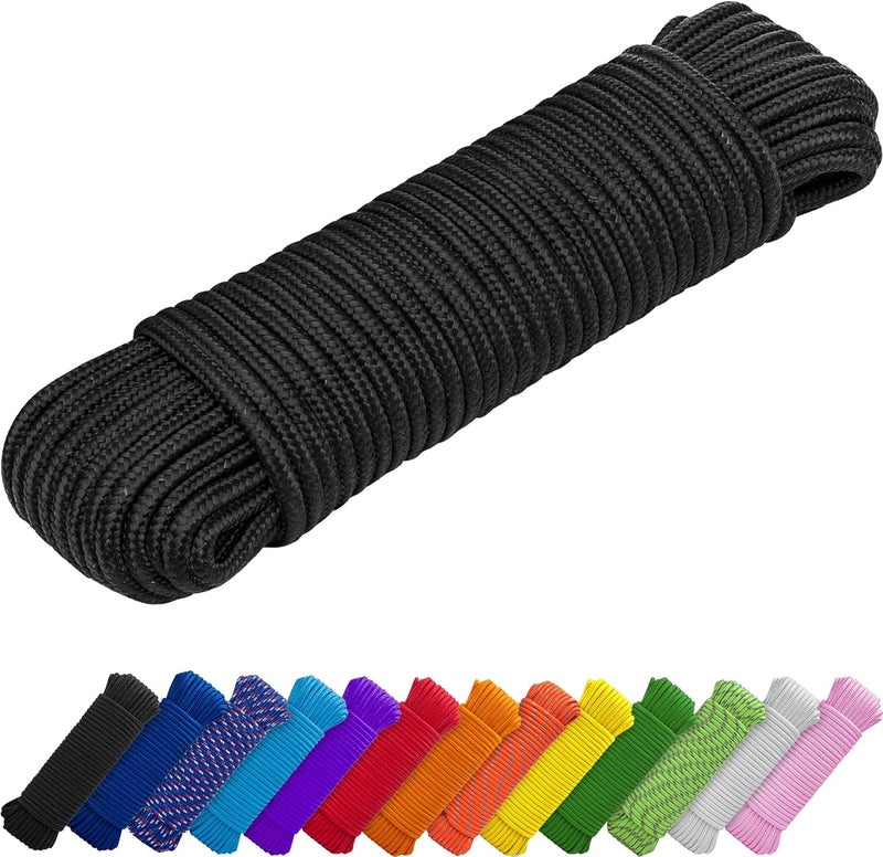 TECEUM Rope – 1/4” & 3/8” – 90 FT | 150 FT – Strong All-Purpose Utility Rope – Camping, Crafting, Flag Pole, Indoor & Outdoor – Polypropylene Nylon Poly Lightweight Diamond Braided Cord – Black - Image 1